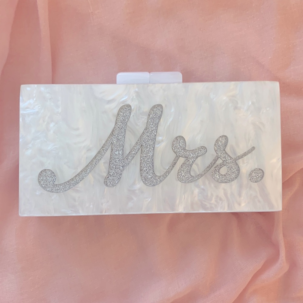 Mrs. Bridal White and Silver Glitter Acrylic Box Clutch